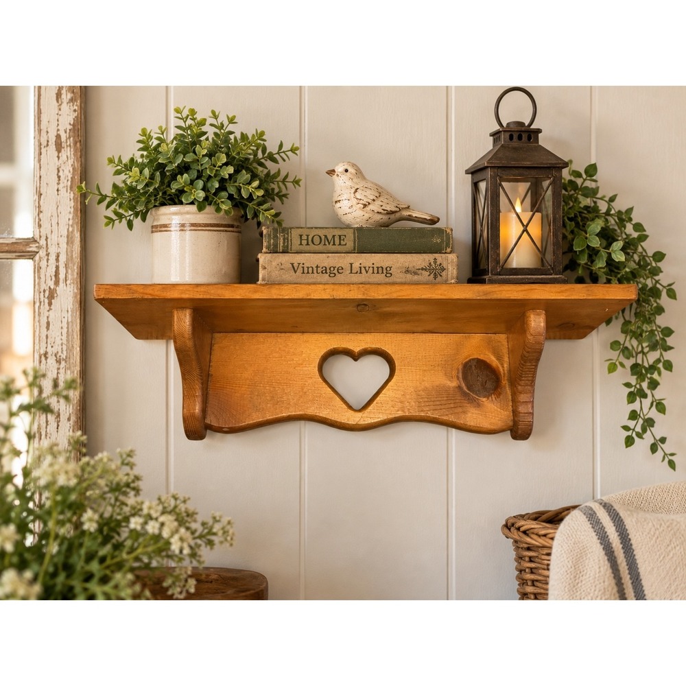 Vintage Rustic Pine Wood Wall Shelf Heart Cutout Farmhouse Floating Shelf 18in